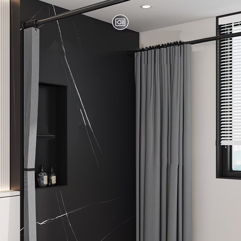 Modern bathroom with black marble wall, gray curtain, and window with blinds.