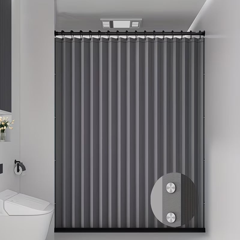 Black striped shower curtain in a bathroom setting