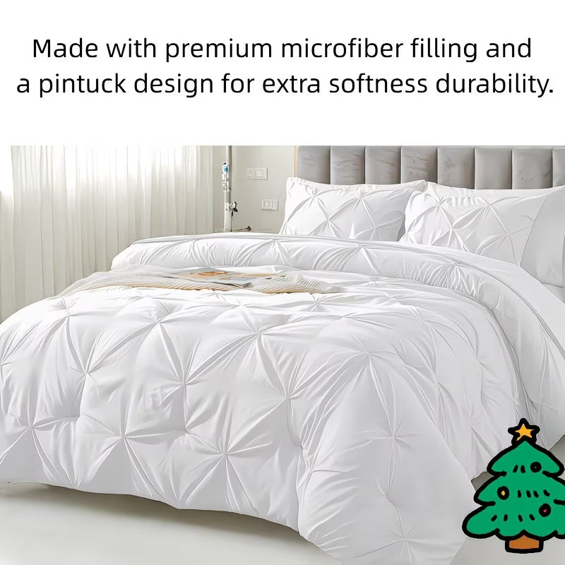 White quilt with pintuck design on a bed in a bedroom setting, featuring text about premium microfiber filling.