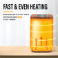Heating device with wooden top and base, glowing orange interior, on a white background with text about fast and even heating.