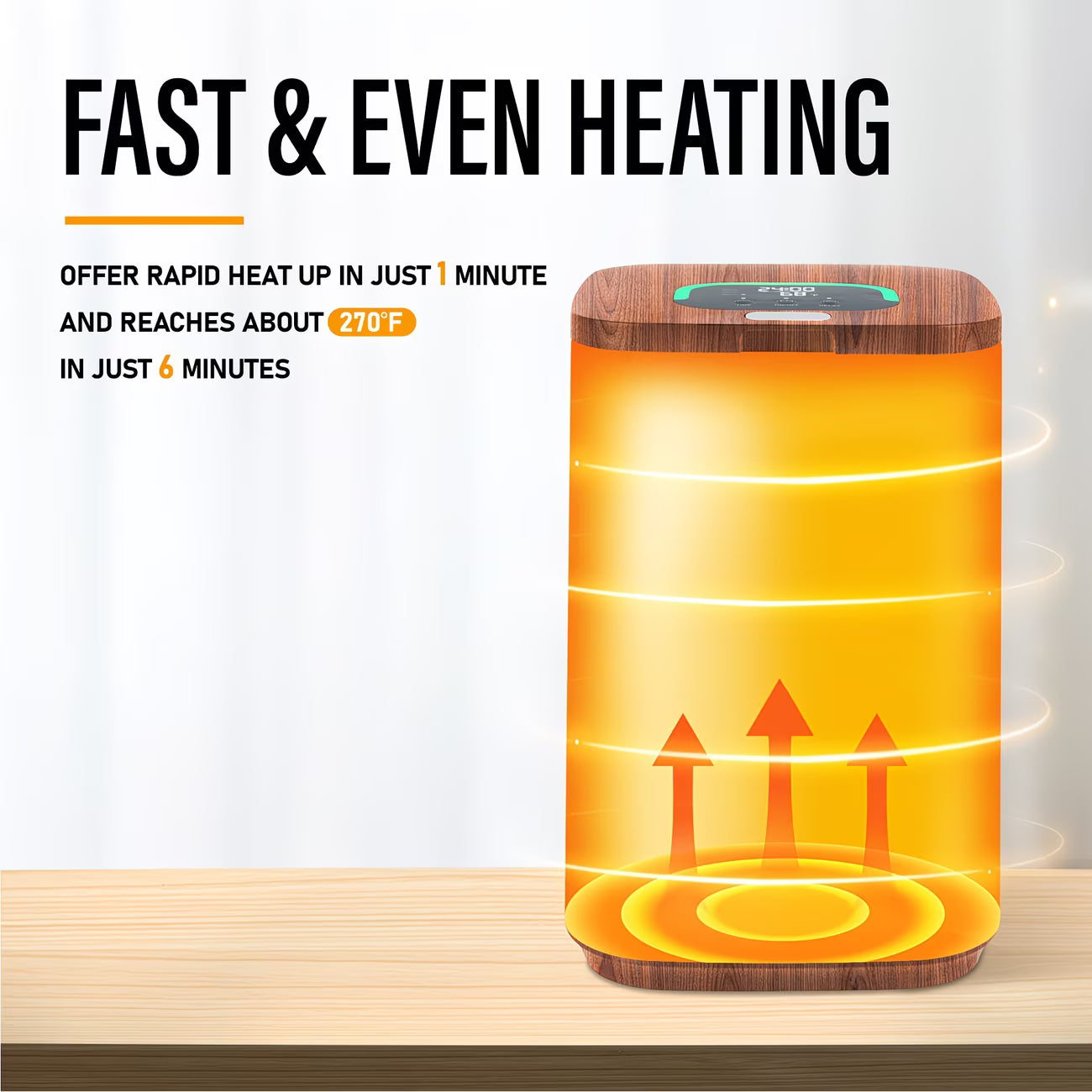 Heating device with wooden top and base, glowing orange interior, on a white background with text about fast and even heating.