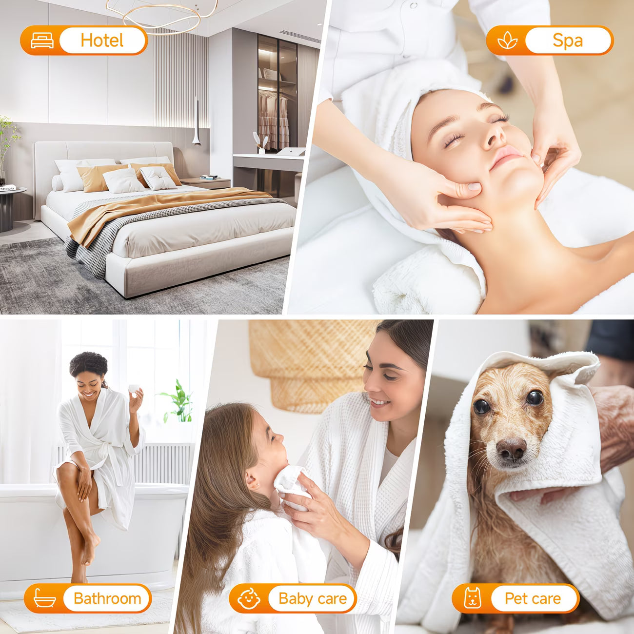 Collage of images from a hotel, spa, bathroom, baby care, and pet care setting.