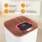 Wooden-textured electronic device with digital display on a white background