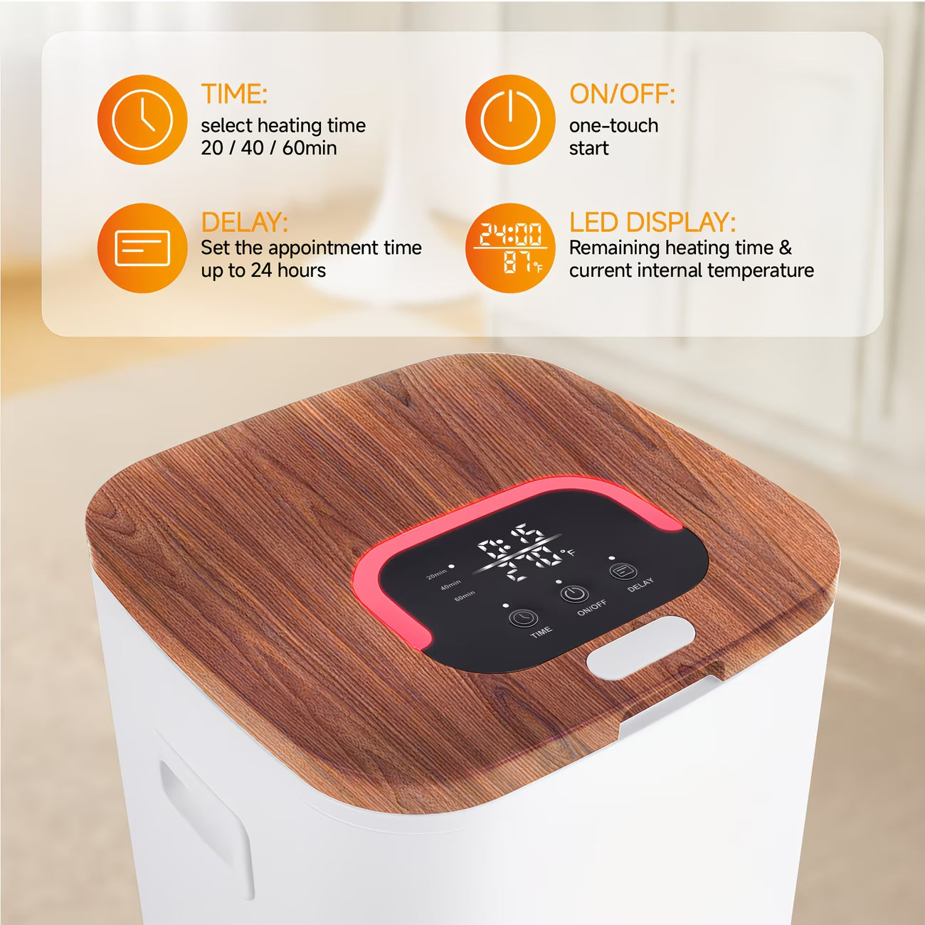 Wooden-textured electronic device with digital display on a white background
