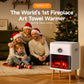 Family in festive attire sitting in front of a fireplace art towel warmer with Christmas tree in the background.