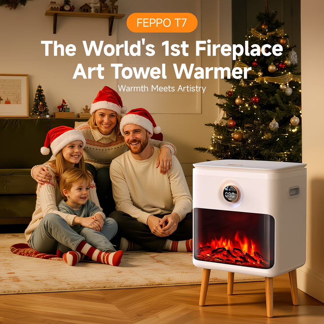Family in festive attire sitting in front of a fireplace art towel warmer with Christmas tree in the background.