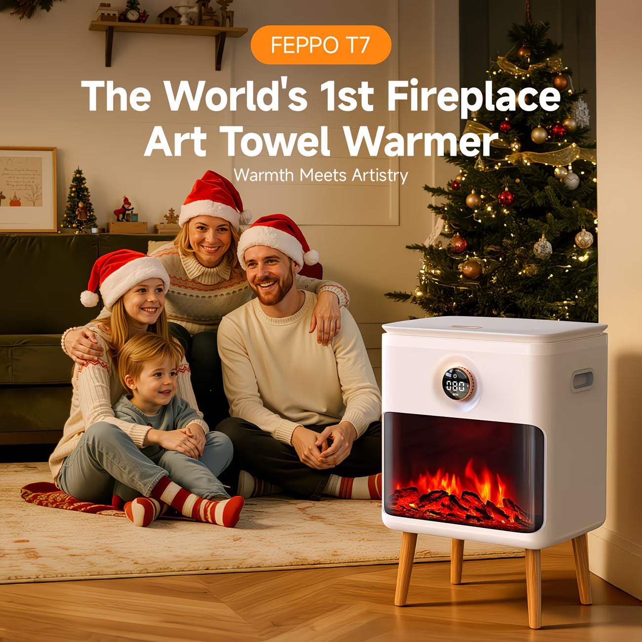 Family in festive attire sitting in front of a fireplace art towel warmer with Christmas tree in the background.