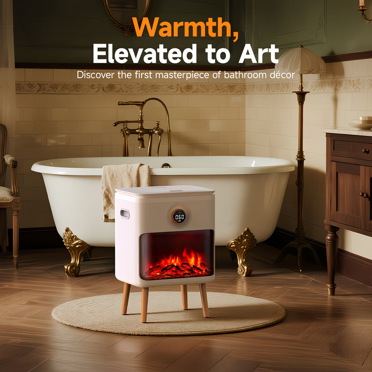 Bathroom with a freestanding bathtub, wooden cabinet, and a decorative fireplace.