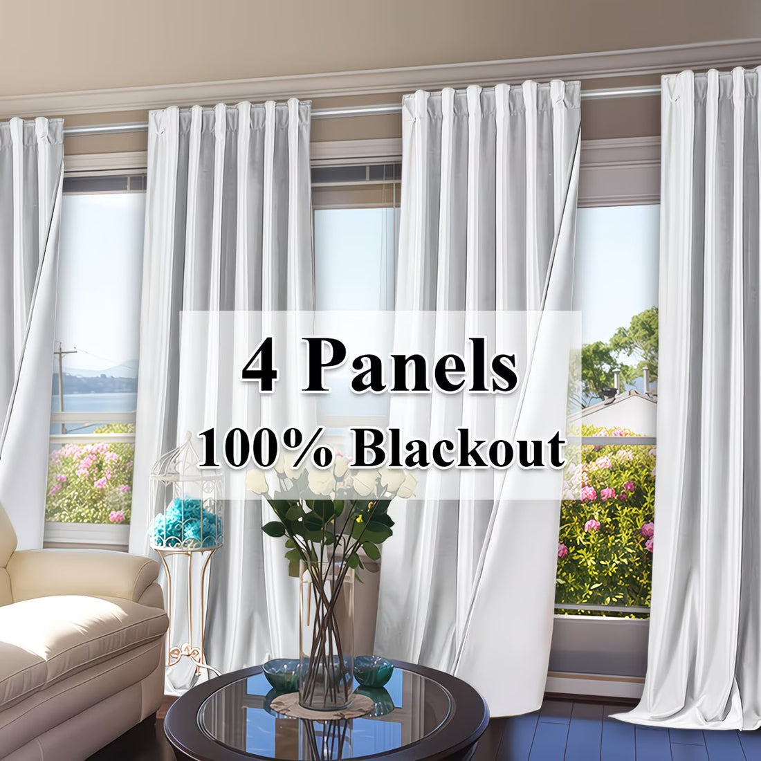 White curtains with '4 Panels 100% Blackout' text in a living room setting.