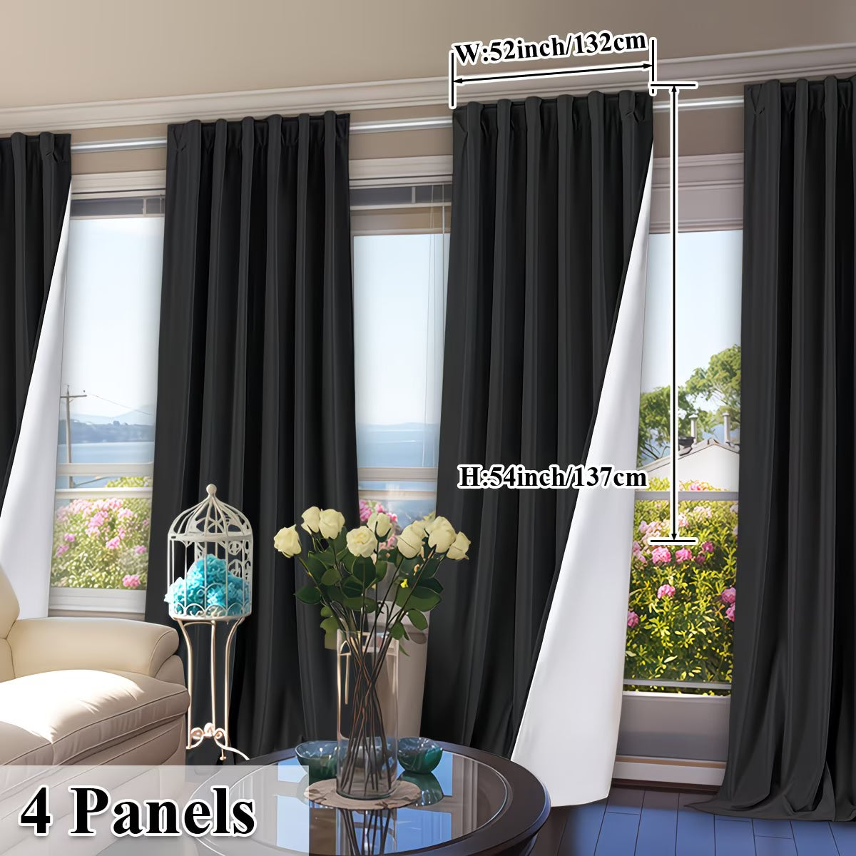 Black curtains with measurements and a living room setting