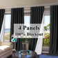 Blackout curtains with '4 Panels 100% Blackout' text in a living room setting.