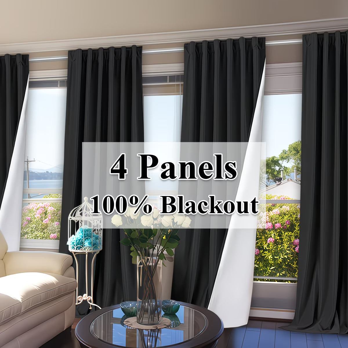 Blackout curtains with '4 Panels 100% Blackout' text in a living room setting.