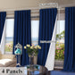 Navy blue and white curtains with measurements and '4 Panels' text in a room with a view.