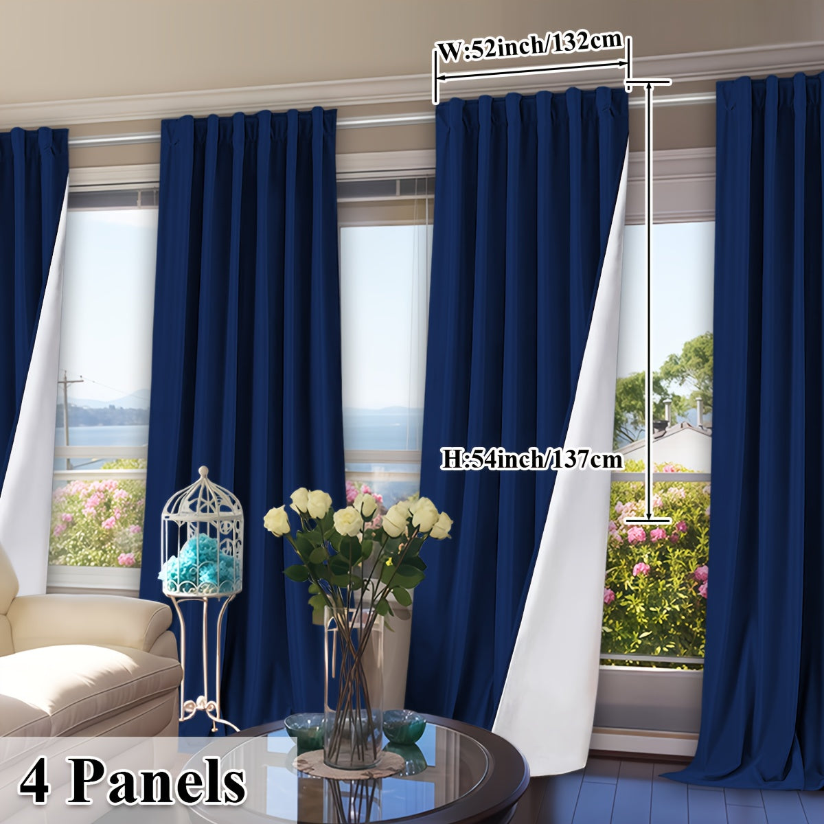 Navy blue and white curtains with measurements and '4 Panels' text in a room with a view.