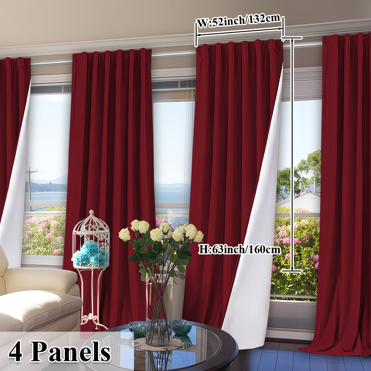 Red curtains with measurements and a vase of flowers on a table.