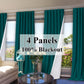 Teal and white curtains with a living room setting, featuring text '4 Panels 100% Blackout'.