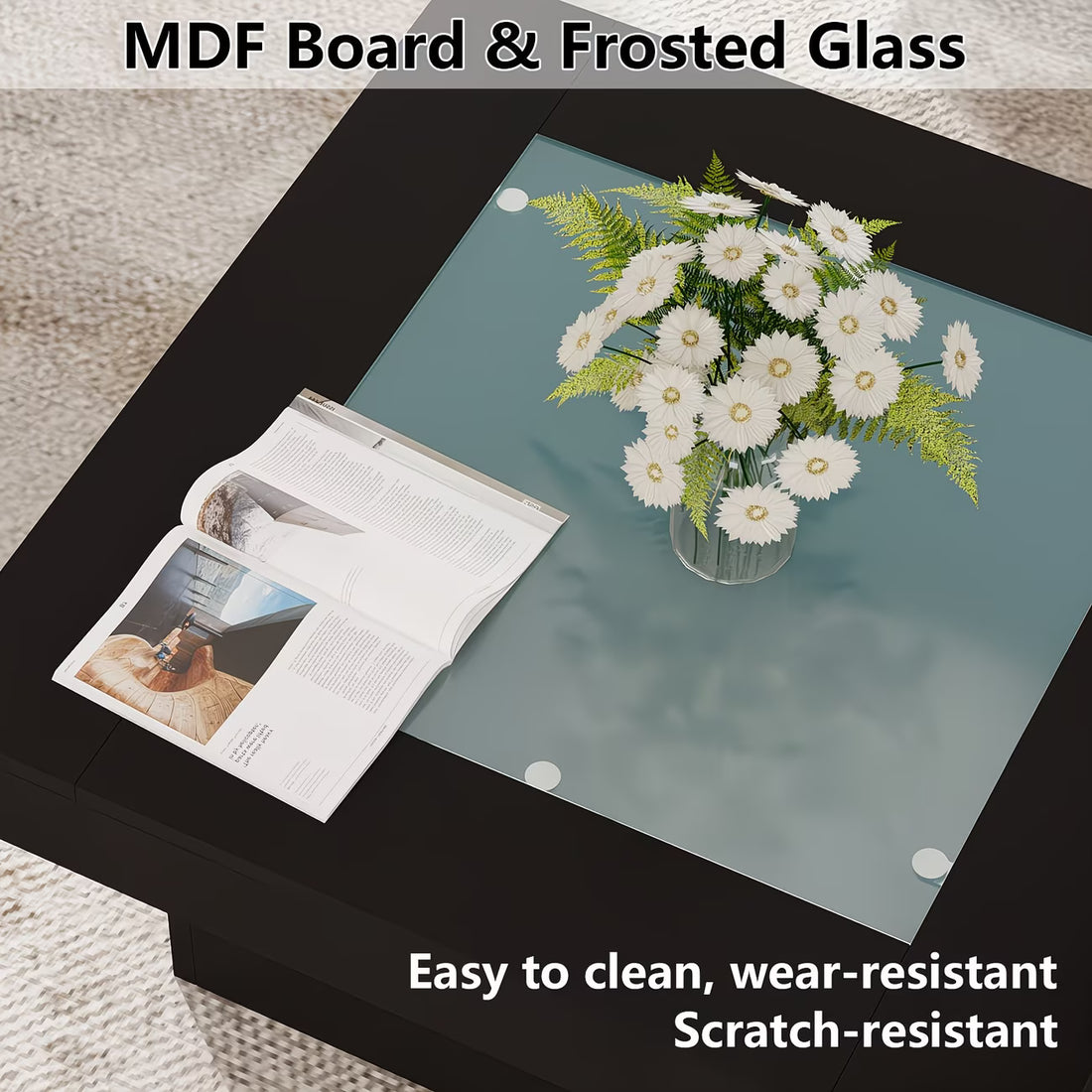 MDF board with frosted glass surface displaying flowers and a magazine.