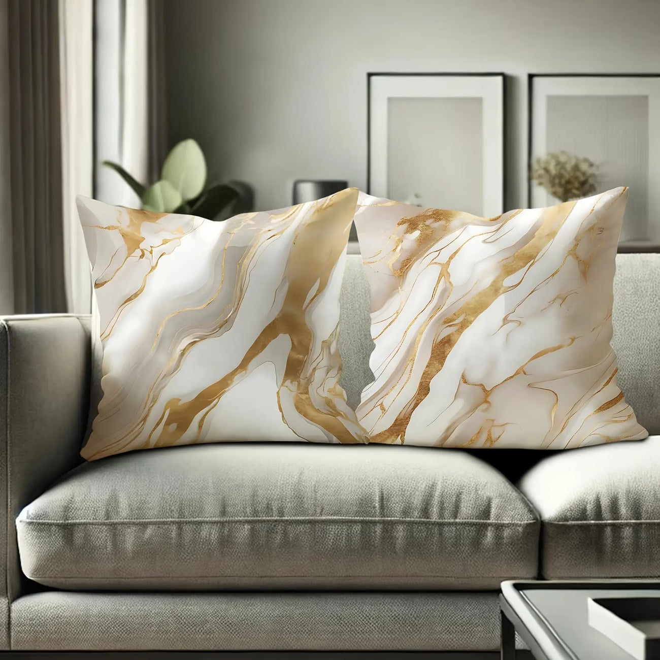Marble-patterned pillows on a gray sofa in a living room setting.
