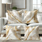 Marble-patterned pillows on a sofa in a living room setting