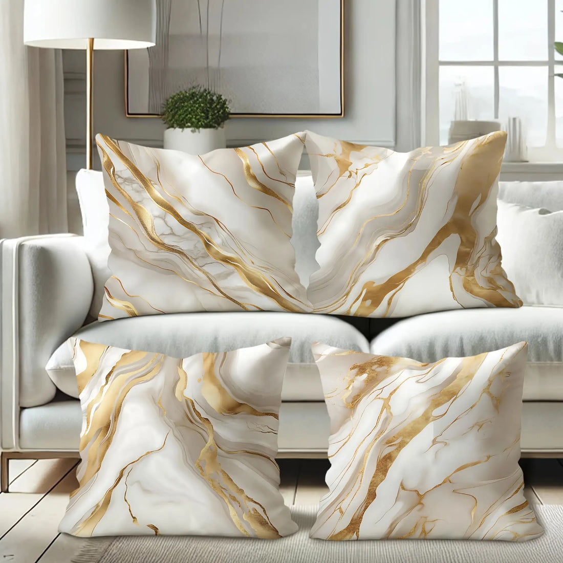 Marble-patterned pillows on a sofa in a living room setting