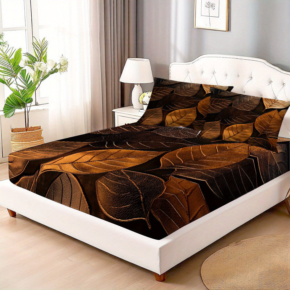 Bed with brown leaf-patterned bedspread in a well-lit bedroom.