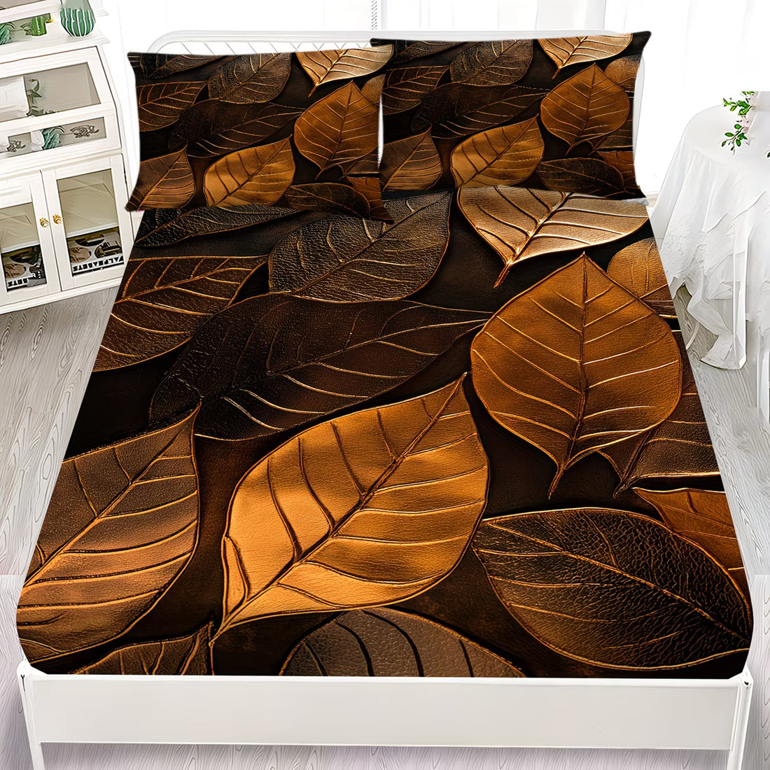 Floral-patterned comforter on a bed with a white cabinet in the background