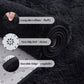 Black rug with text labels on microfiber, non-slip dots, and durable edge.