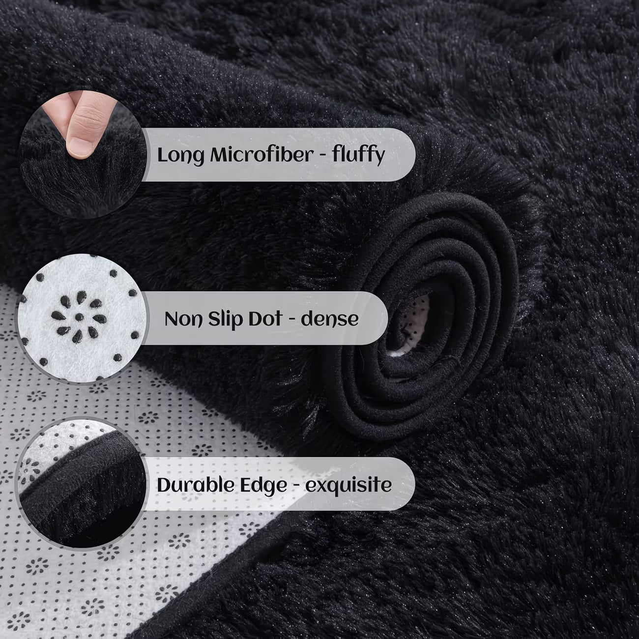 Black rug with text labels on microfiber, non-slip dots, and durable edge.