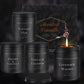 Collection of black candles with labels and a lit candle on a dark background