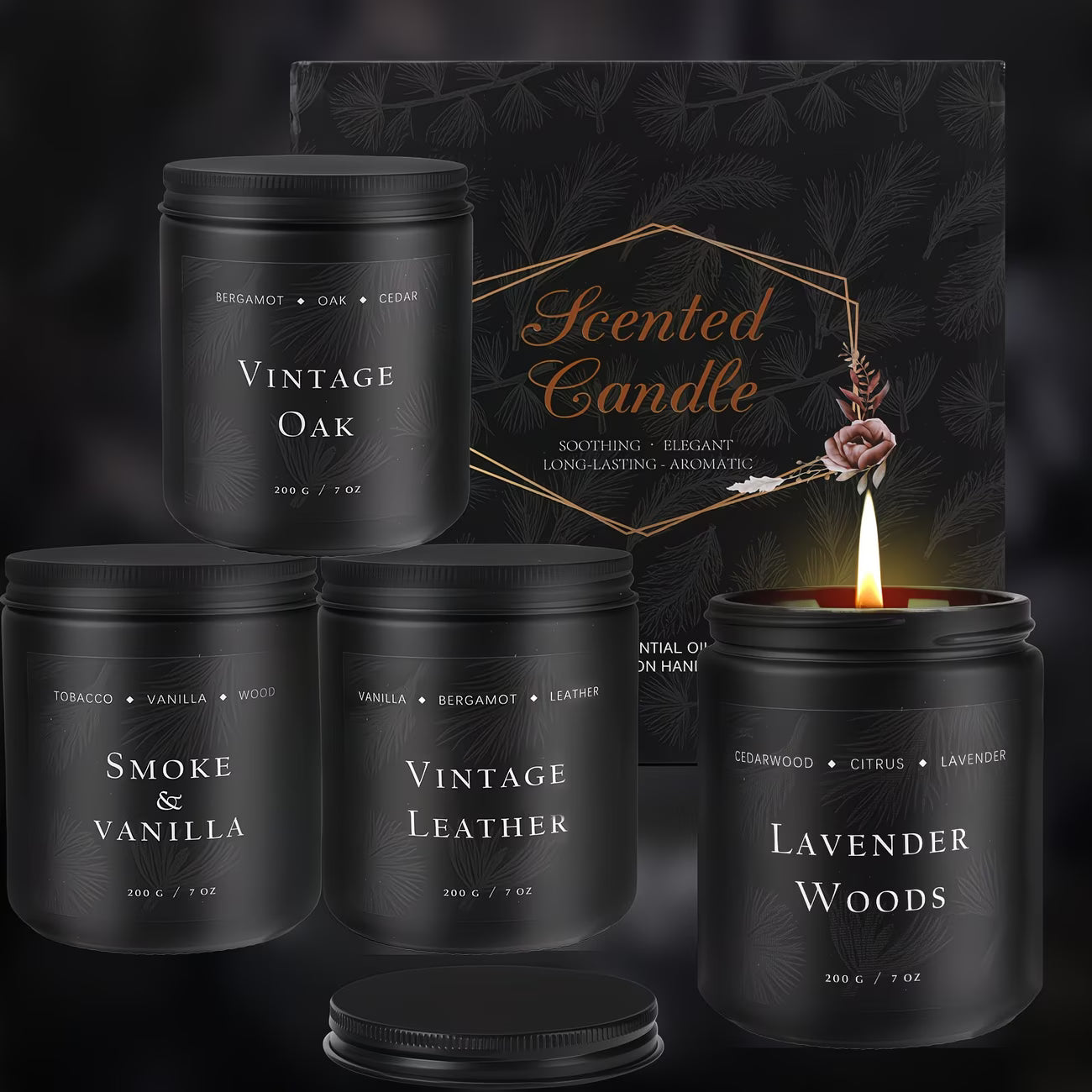 Collection of black candles with labels and a lit candle on a dark background