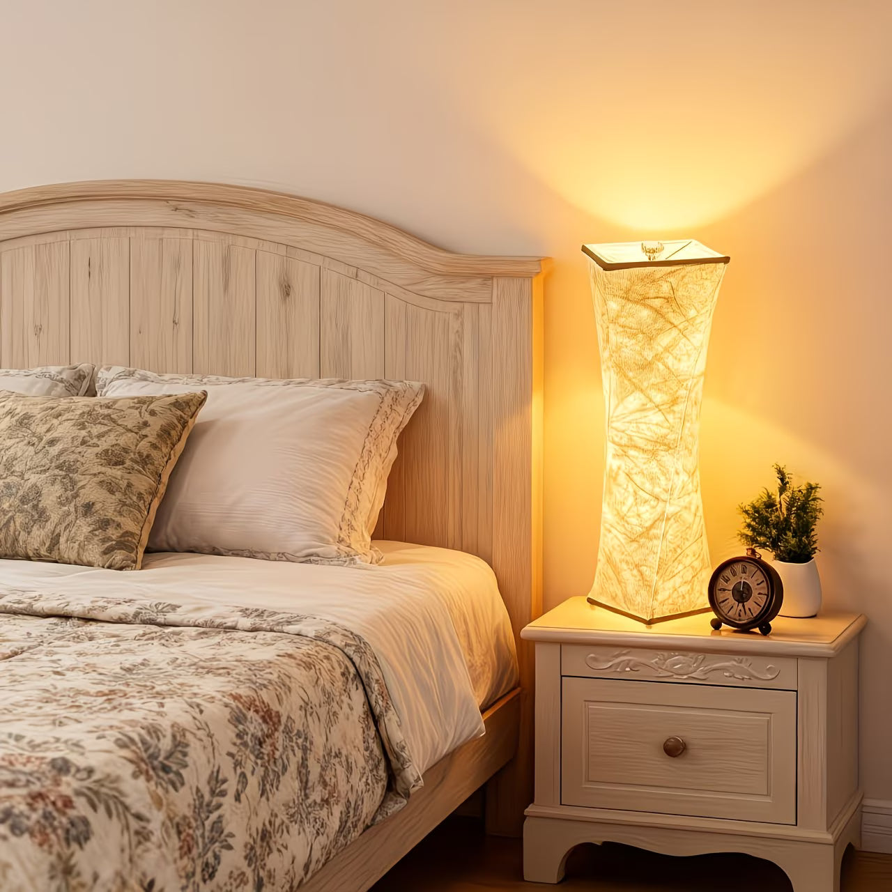 Bedroom with wooden headboard, floral bedding, and a nightstand with a lamp and clock.