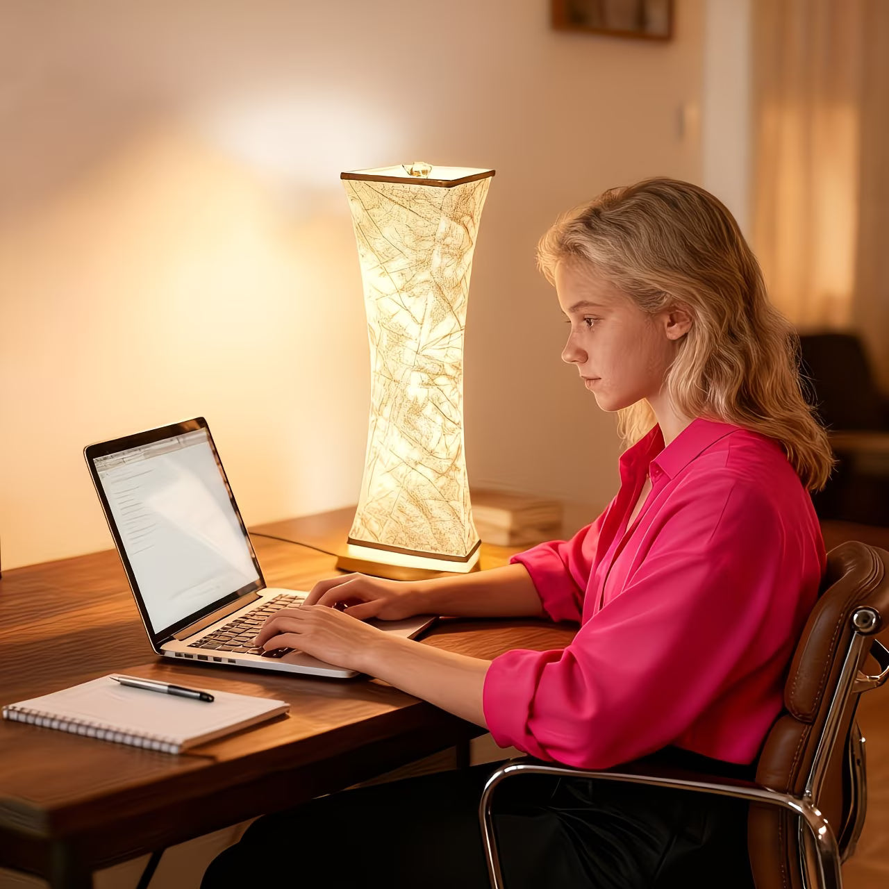 Woman in a pink shirt working on a laptop at a desk with a lamp in the background