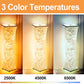 Three different color temperature settings of a lamp with a color temperature scale below.
