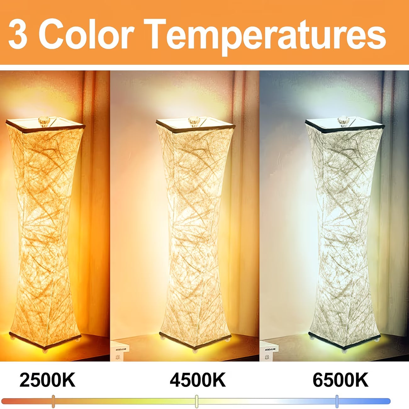 Three different color temperature settings of a lamp with a color temperature scale below.