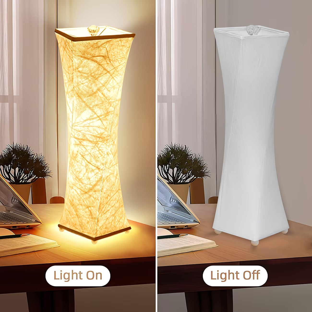 Two lamps side by side, one lit and one off, on a desk with a laptop and notebook.