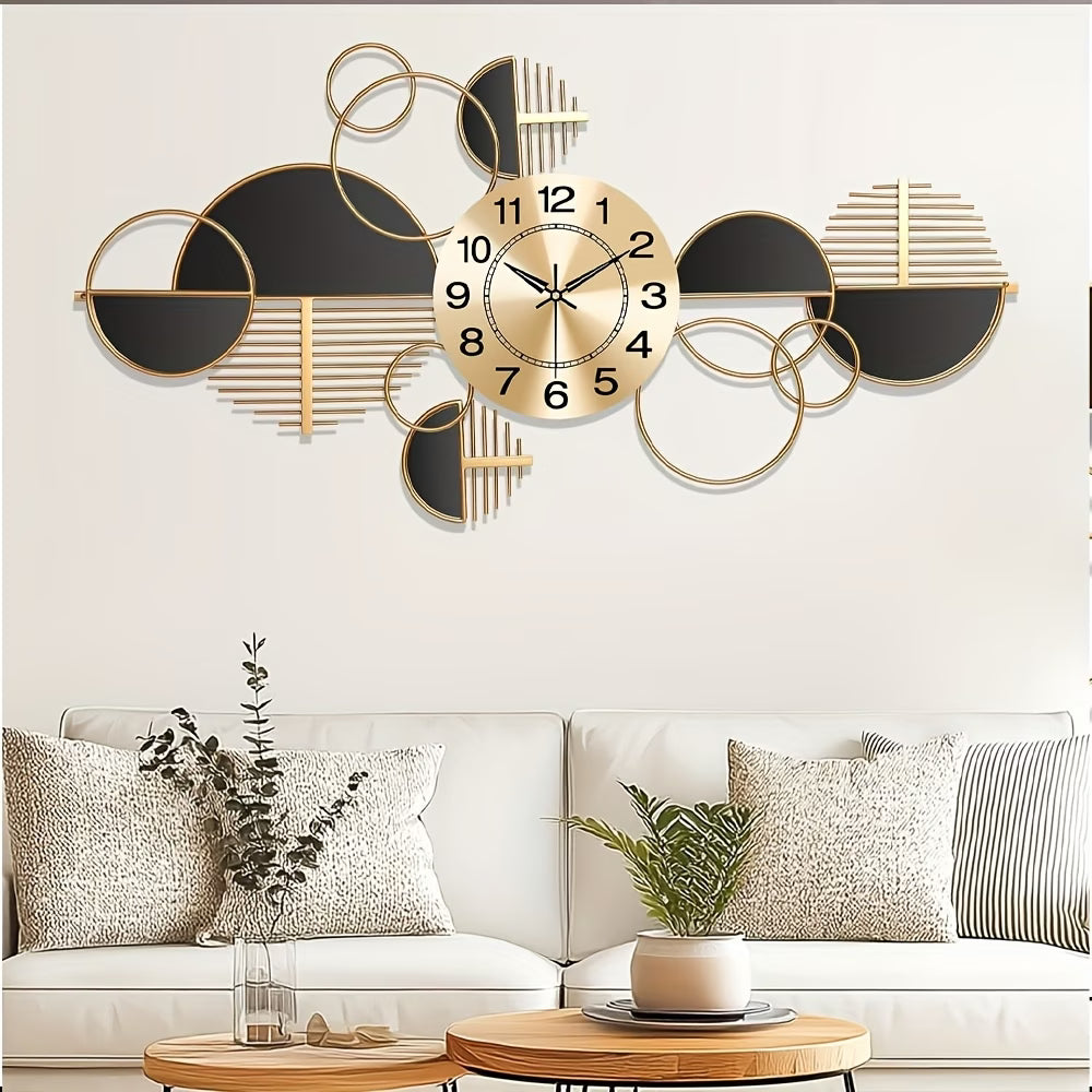 Decorative wall clock with geometric design on a white wall above a sofa.
