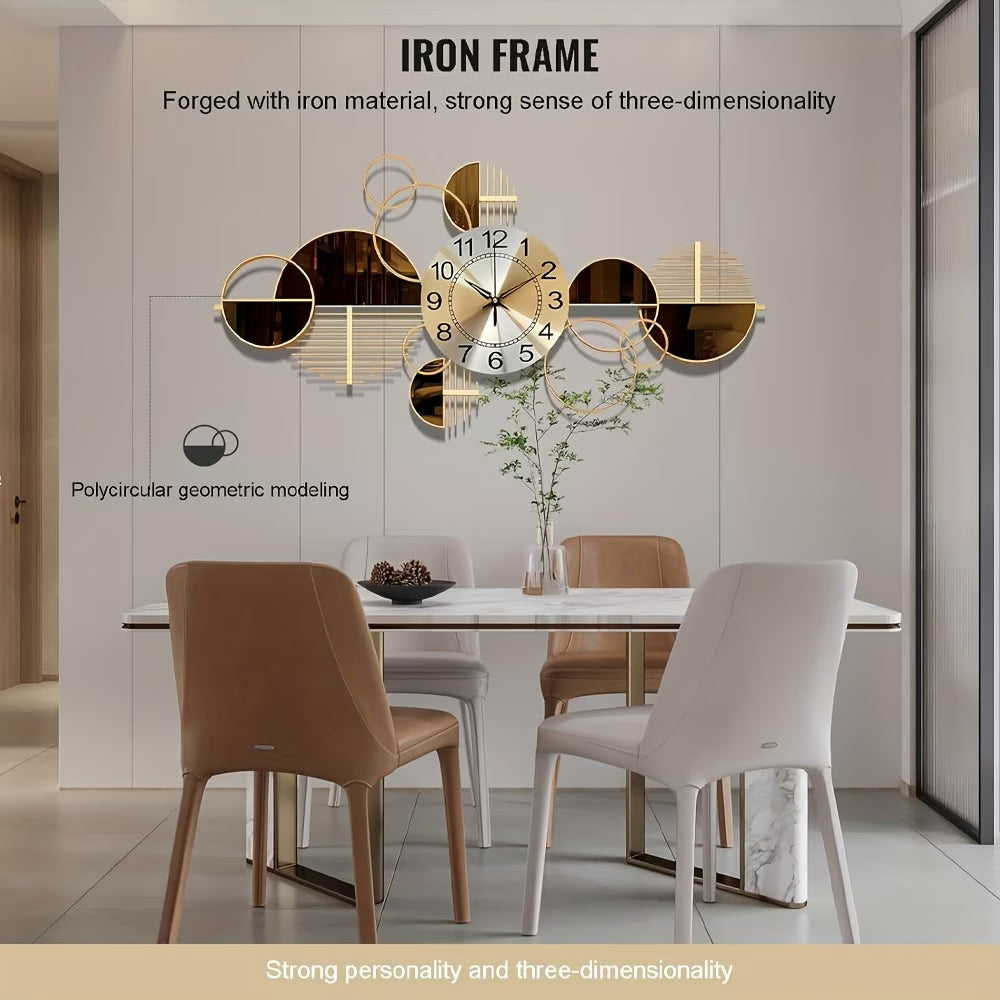 Decorative wall clock with iron frame in a modern dining room setting