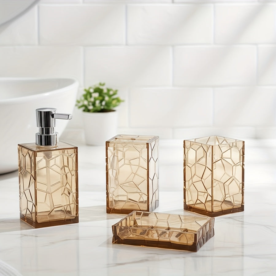 Bathroom accessories set with glass containers and a soap dispenser on a white tiled wall background.