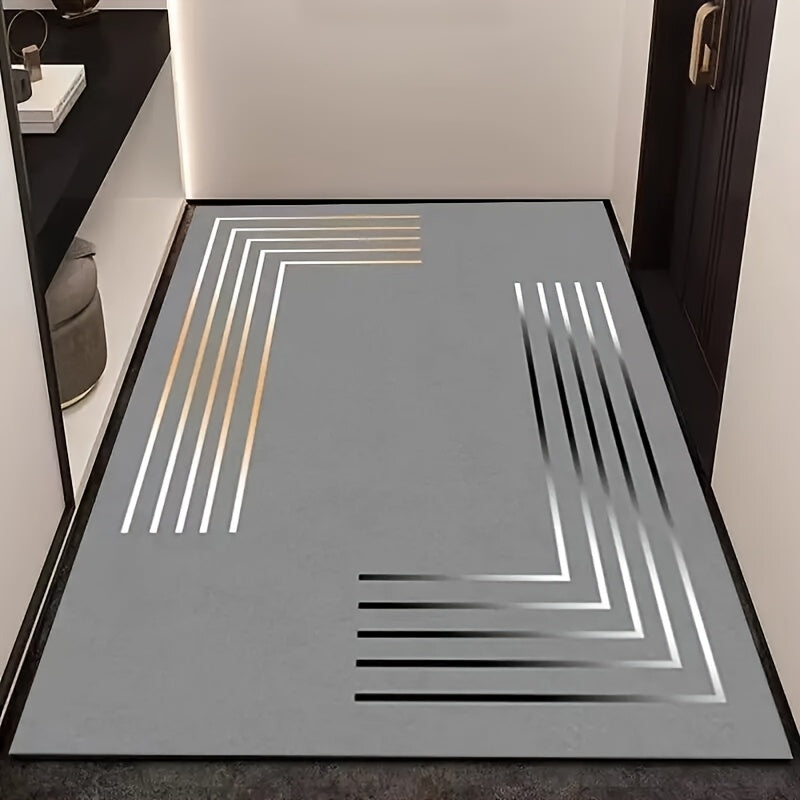 Gray rug with geometric pattern on a dark floor