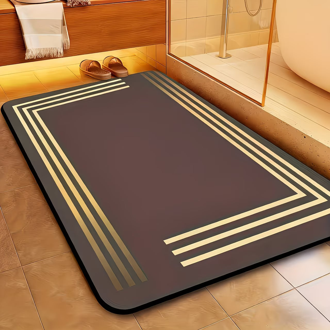 Decorative bath mat with gold stripes on a bathroom floor.