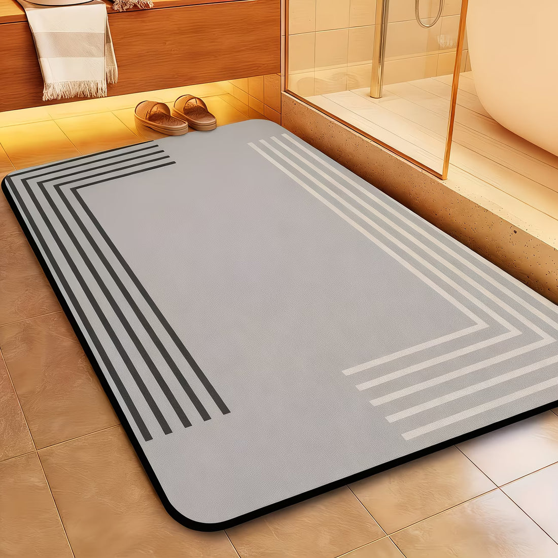 Gray bath mat with geometric patterns on a wooden floor