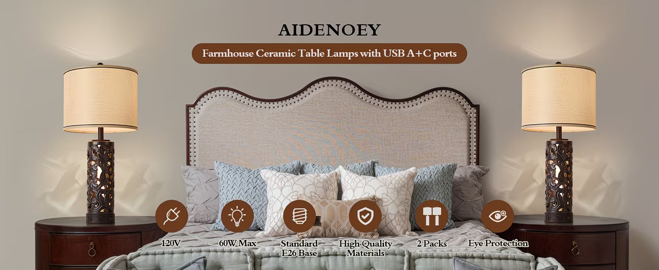 Furniture set with AIDENOEY lamps on either side of a bed with decorative pillows.