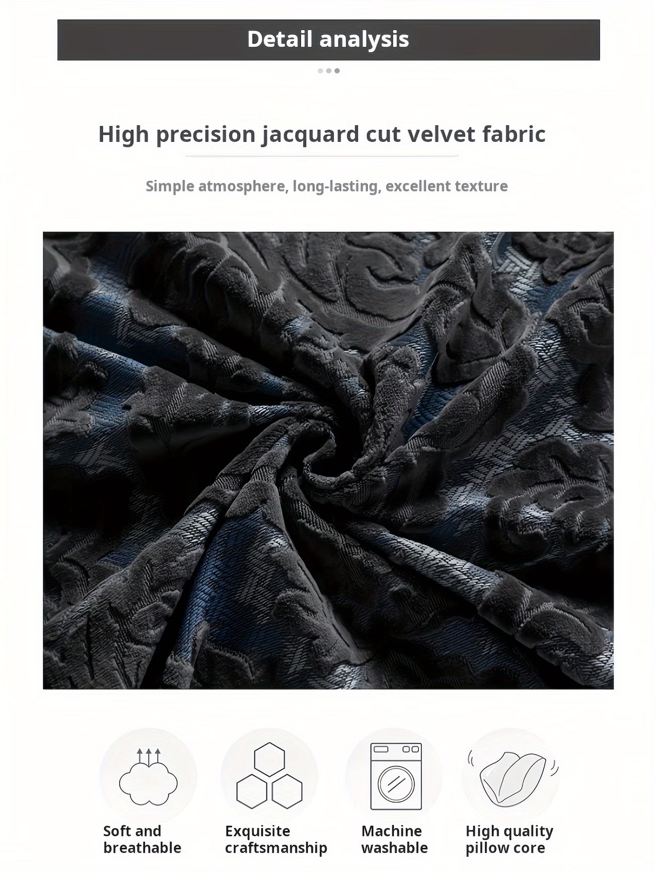 High precision jacquard cut velvet fabric with texture details and features listed below.