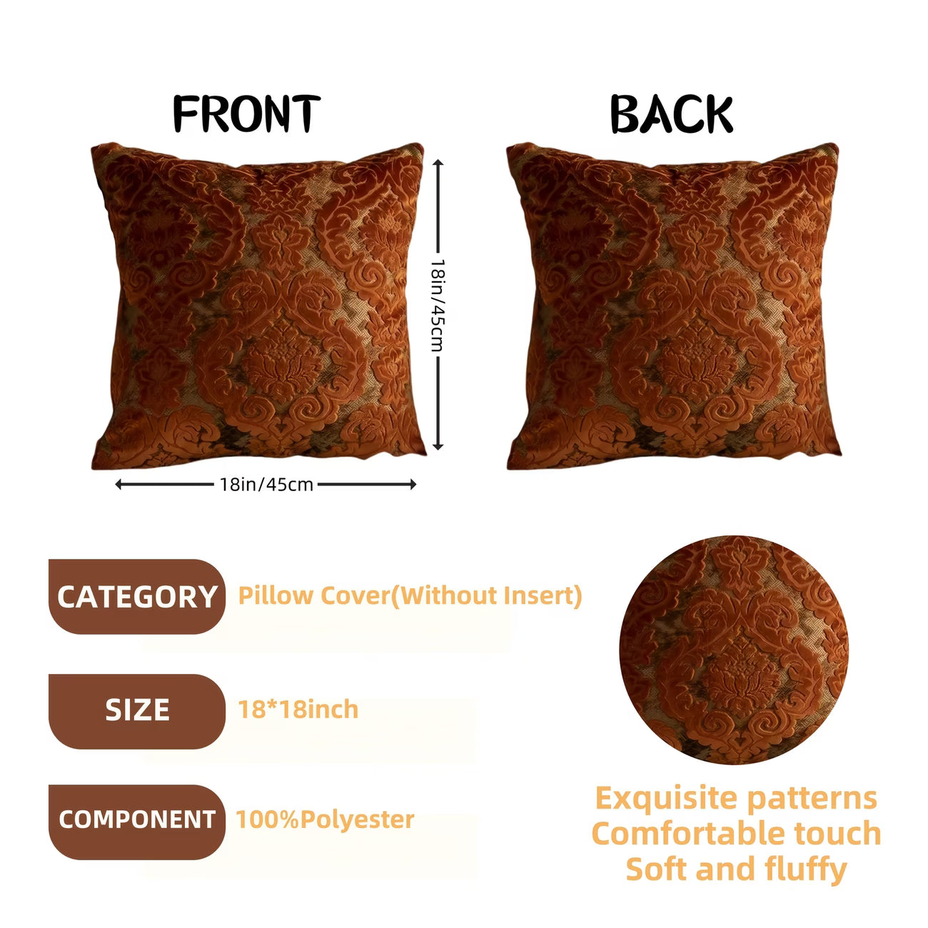 Decorative pillow with front and back views, measurements, and product details.