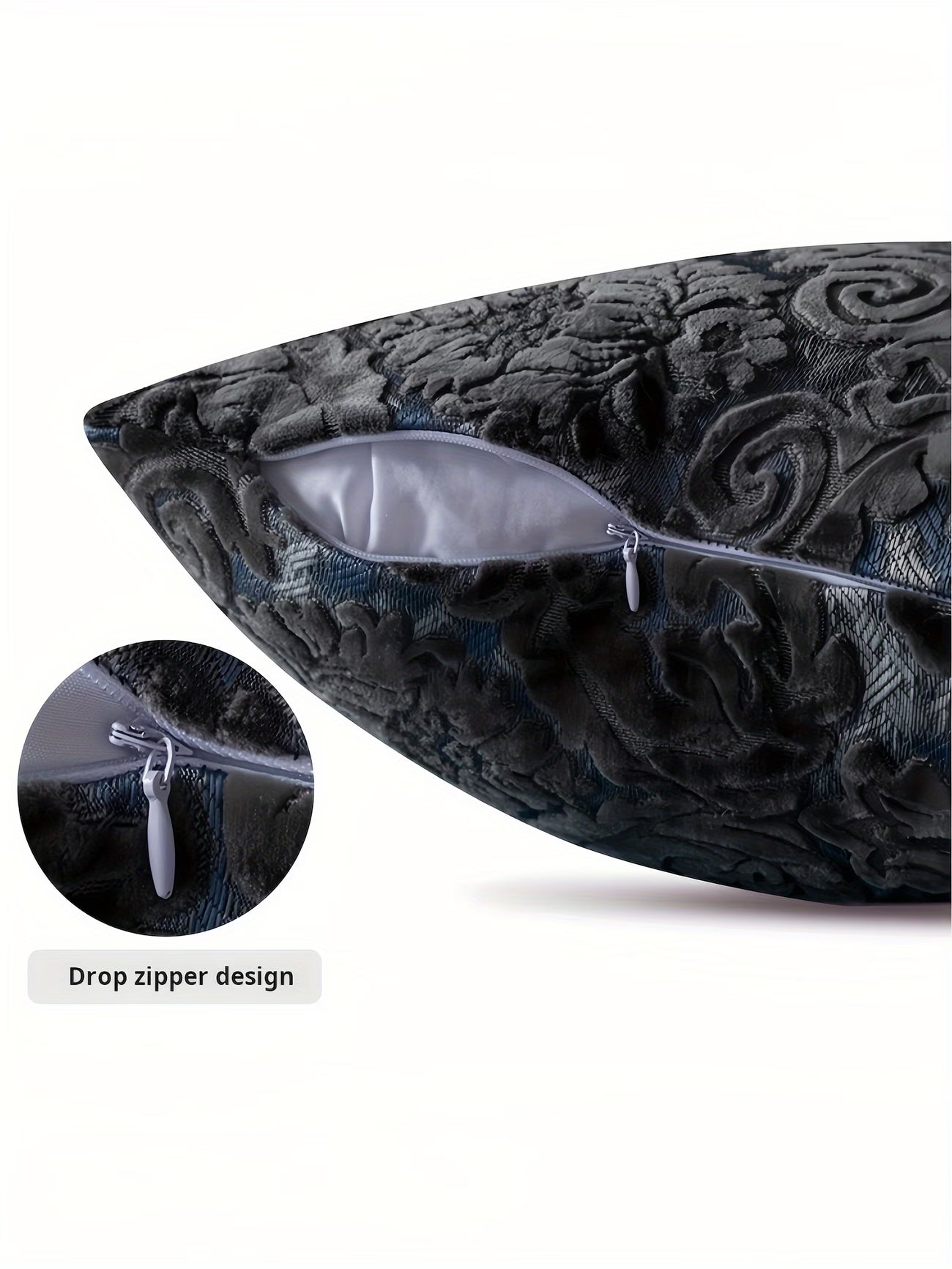 Dark textured pillow with a drop zipper design on a white background