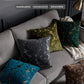 Decorative pillows on a sofa with text describing product features.