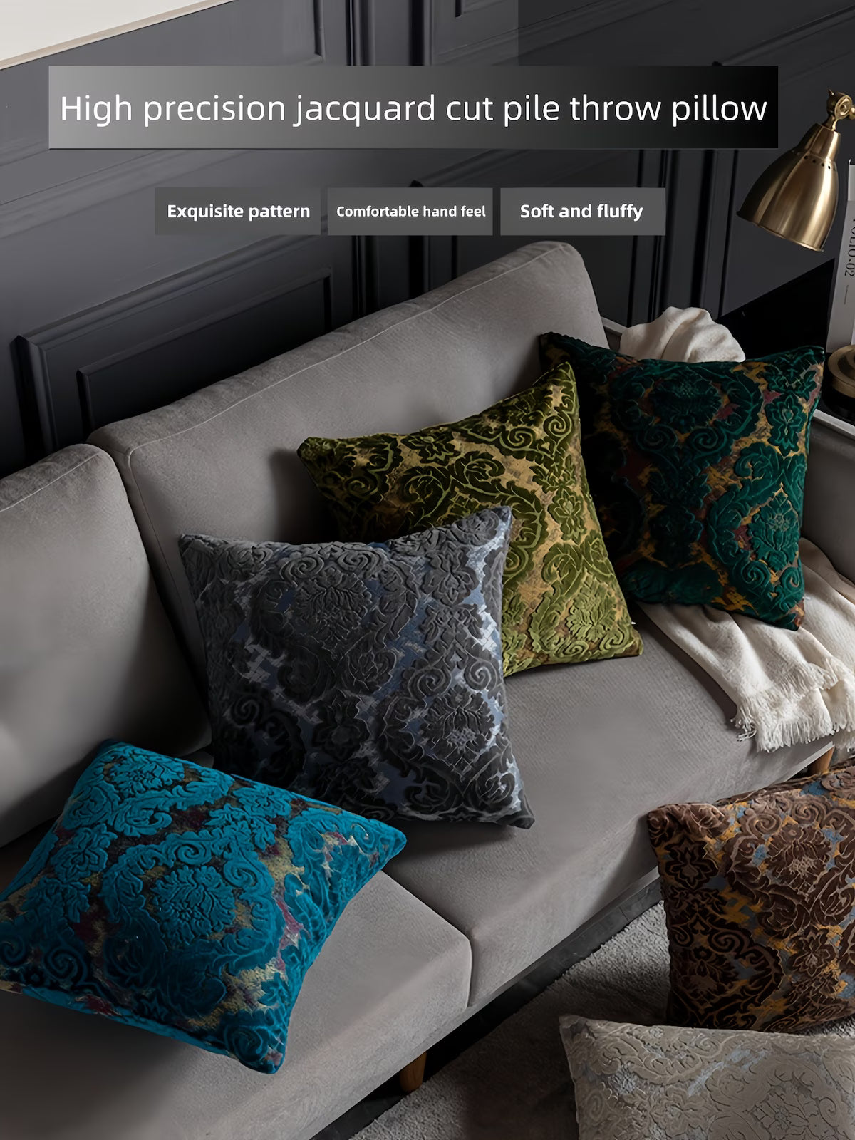 Decorative pillows on a sofa with text describing product features.