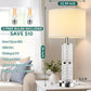 Table lamp with crystal base on a table next to a couch, with measurements and bulb information displayed.