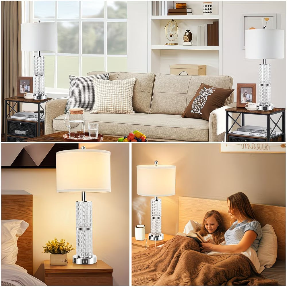 Collage of a living room with a sofa and lamp, and a bedroom scene with a woman and child.