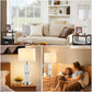 Collage of a living room with a sofa and lamp, and two scenes with a lamp in a bedroom and a family reading together.